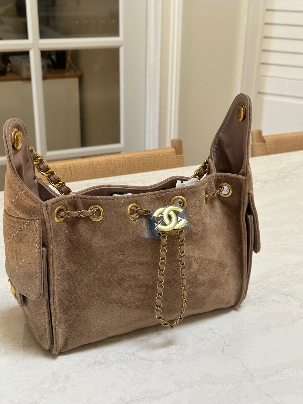 Beige Suede Drawstring Shoulder Bag